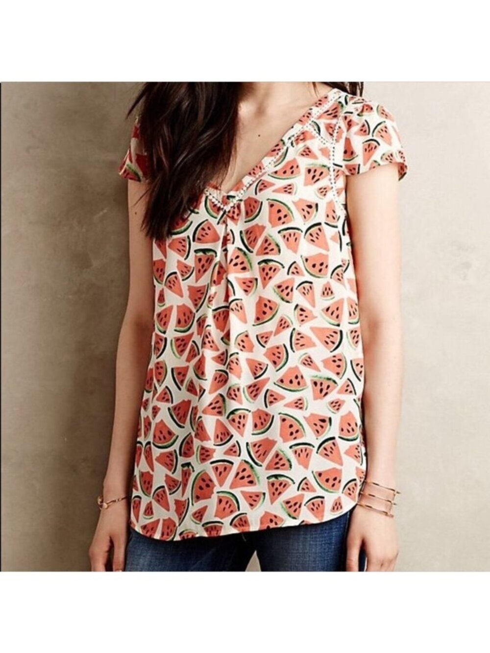 Whimsical Watermelon Print Cap Sleeve Top Crochet Detail Flowy Summer Vacation S
